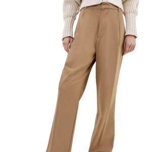 Zara Super High Rise Straight Wide Leg Trouser Pleats Tan Khaki